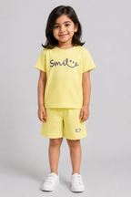 Yellow Smile Print Ribbed Linen Fabric Suit For Summers