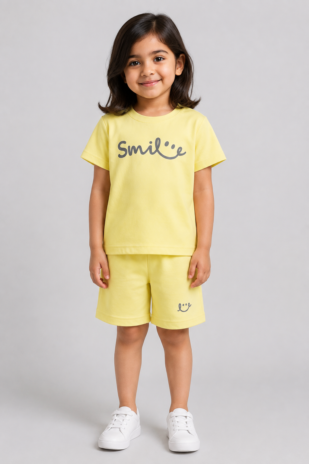 Yellow Smile Print Ribbed Linen Fabric Suit For Summers
