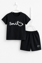 Black Smile Print Ribbed Linen Fabric Suit For Summers