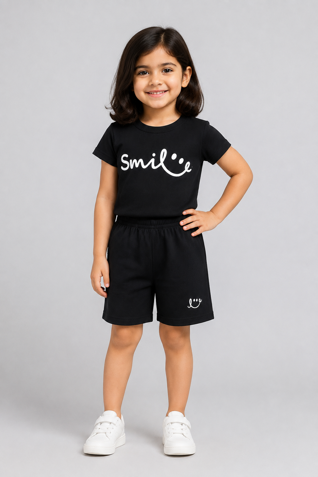 Black Smile Print Ribbed Linen Fabric Suit For Summers