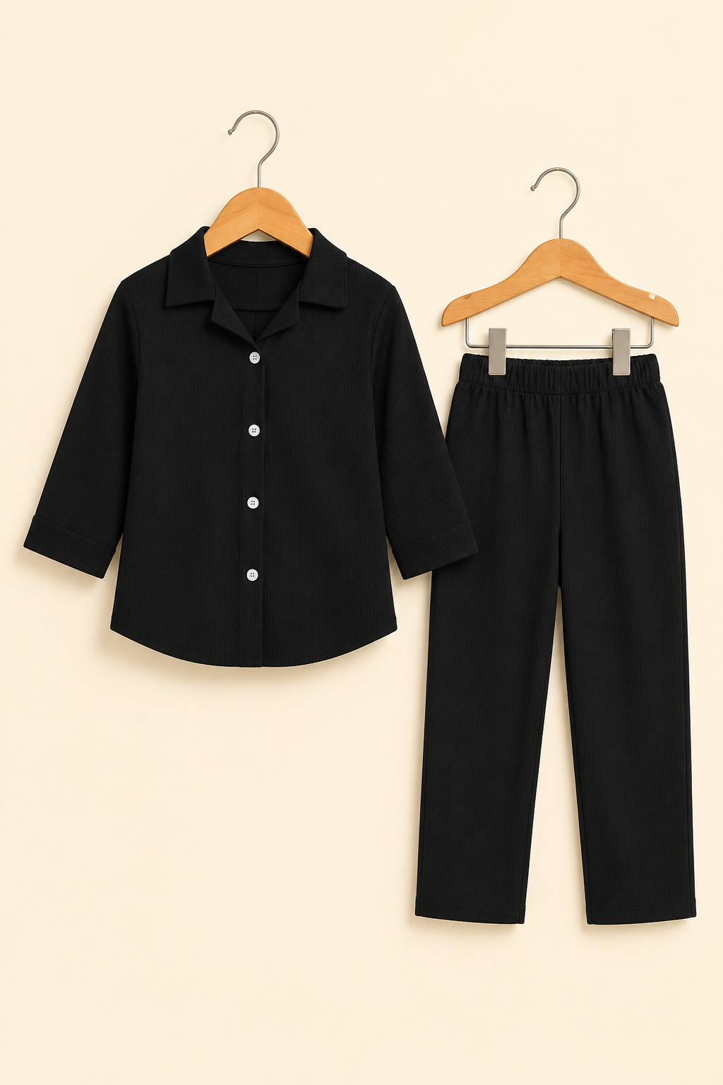 Black Plain Ribbed Linen Fabric Suit For Girls