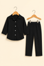 Black Plain Ribbed Linen Fabric Suit For Girls