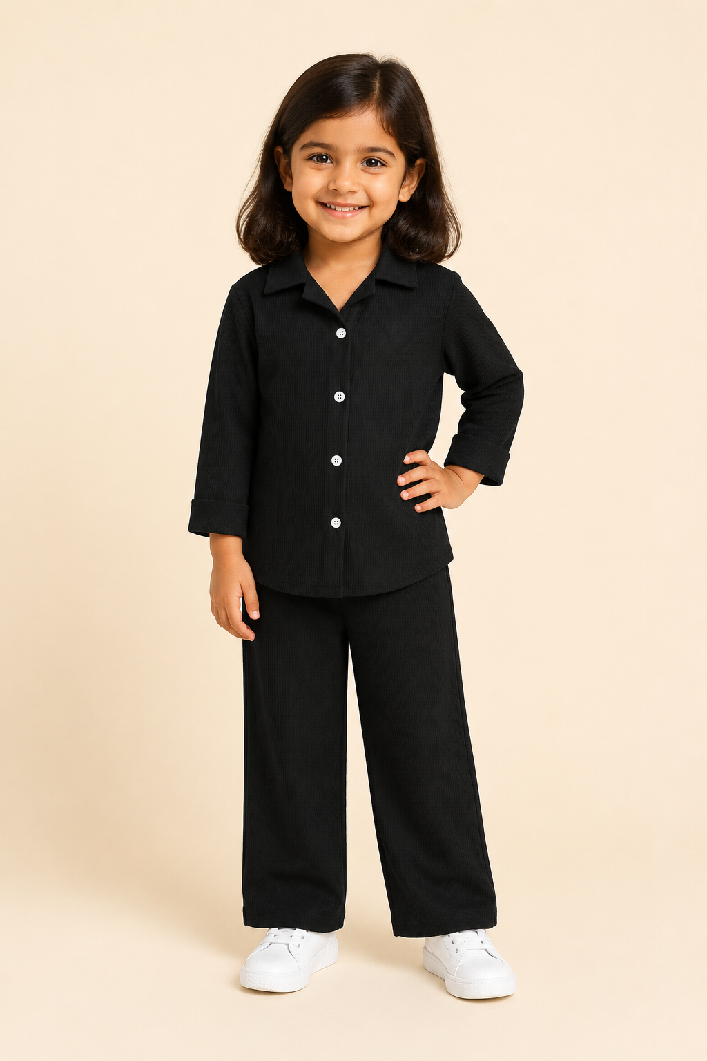 Black Plain Ribbed Linen Fabric Suit For Girls