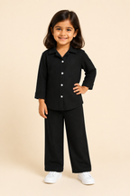 Black Plain Ribbed Linen Fabric Suit For Girls
