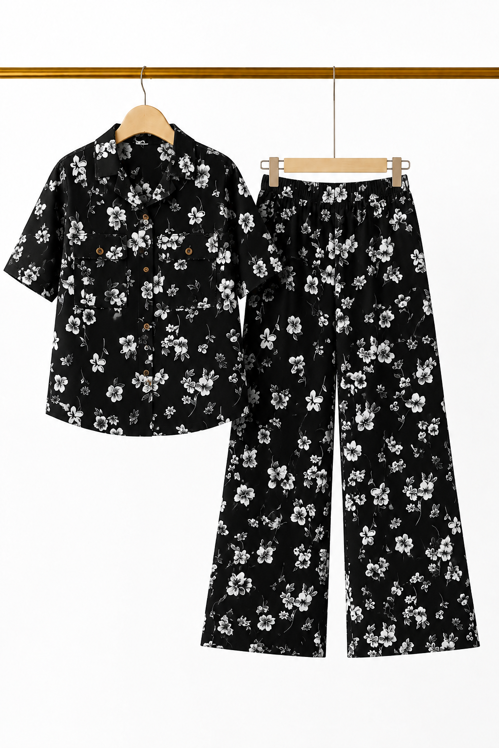 Black Flowers Print Linen Fabric Suit For Girls