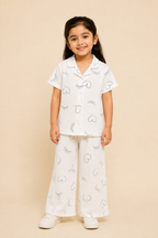 White Eyelashes Print Co-ord Ribbed Fabric Suit For Girls