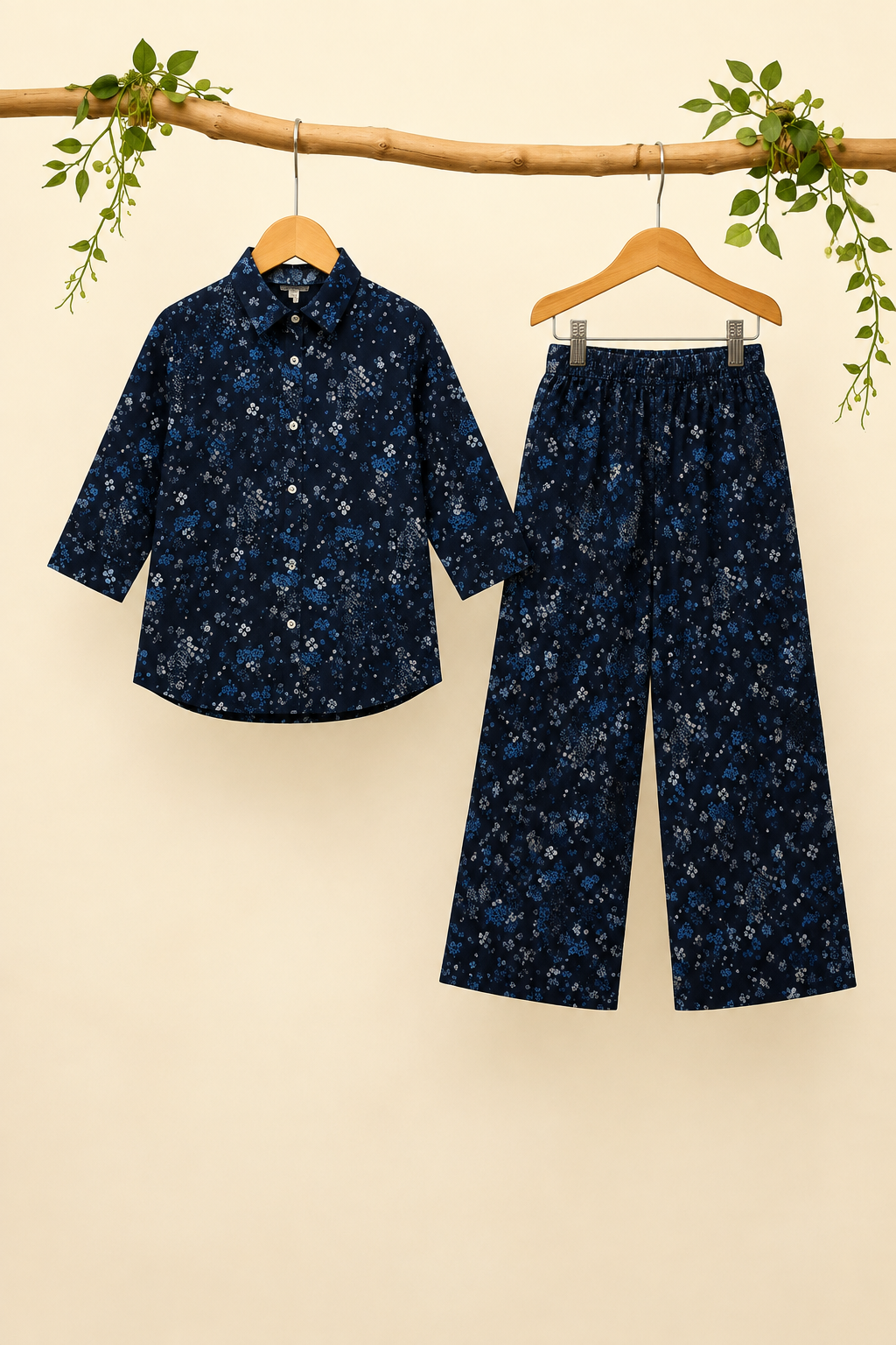 Navy Blue Flowers Print Co-ord Ribbed Fabric Suit For Girls Main image