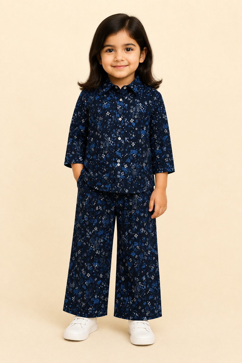 Navy Blue Flowers Print Co-ord Ribbed Fabric Suit For Girls