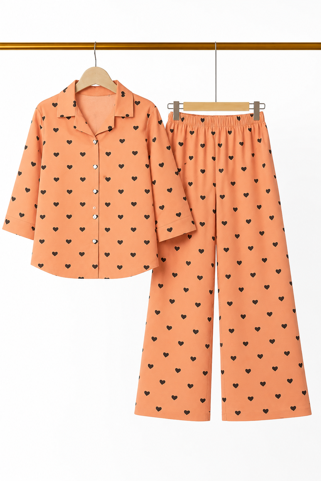 Orange Hearts Print Co-ord Ribbed Fabric Suit For Girls Main image