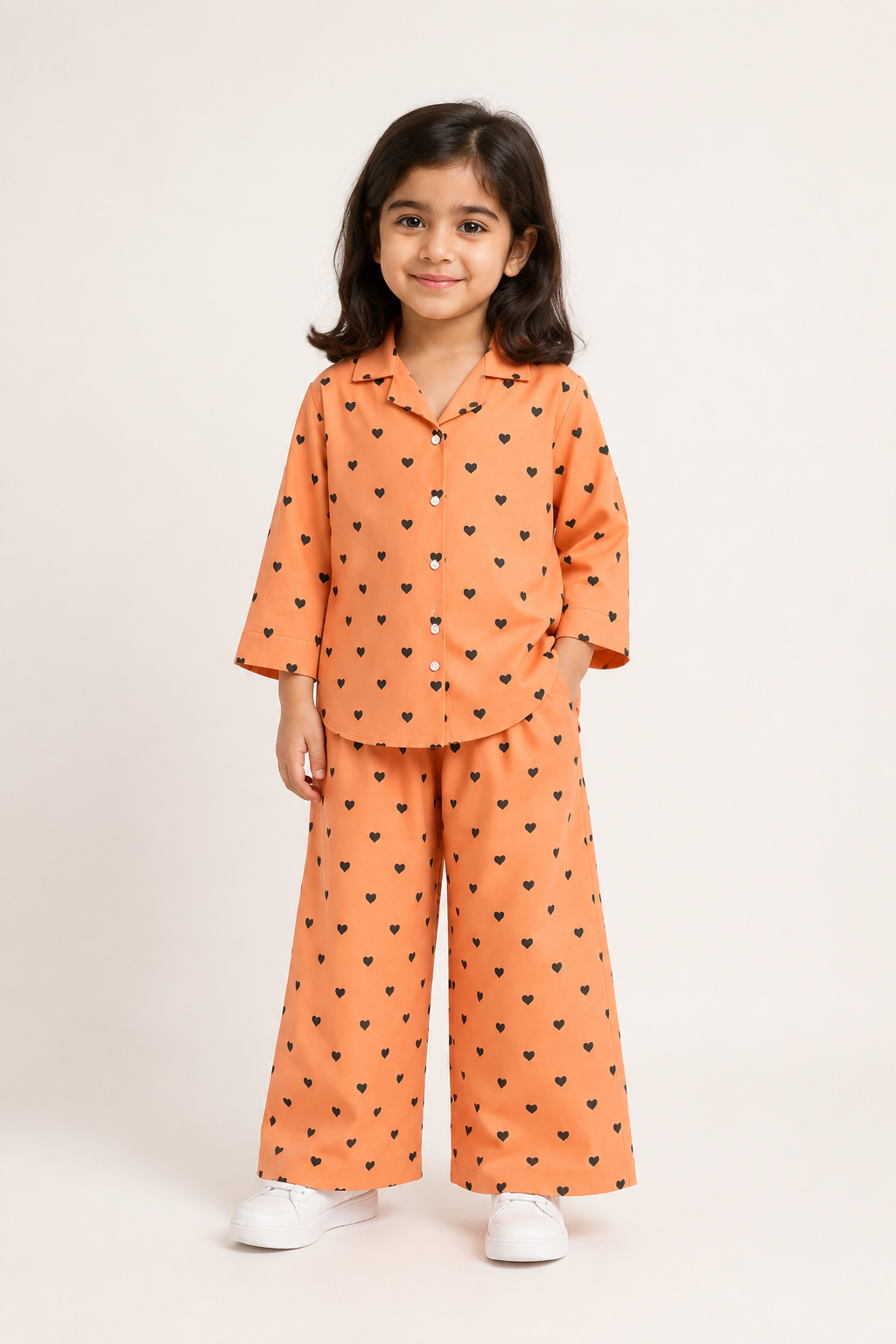 Orange Hearts Print Co-ord Ribbed Fabric Suit For Girls