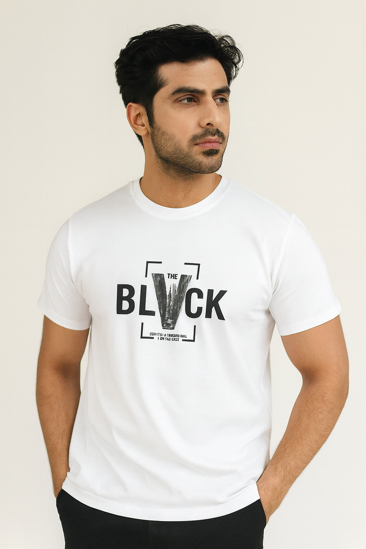 WHITE "BLACK" PRINT T-SHIRT FOR MEN