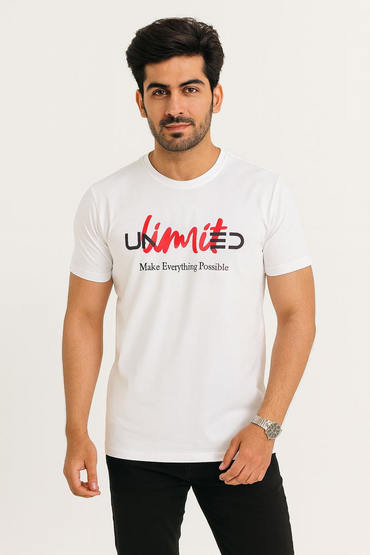 WHITE "UNLIMITED" PRINT T-SHIRT FOR MEN