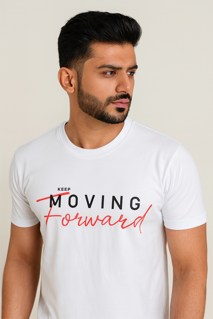 WHITE "MOVING FORWARD" PRINT T-SHIRT FOR MEN