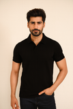 PLAIN BLACK RIBBED FABRIC POLO FOR MEN