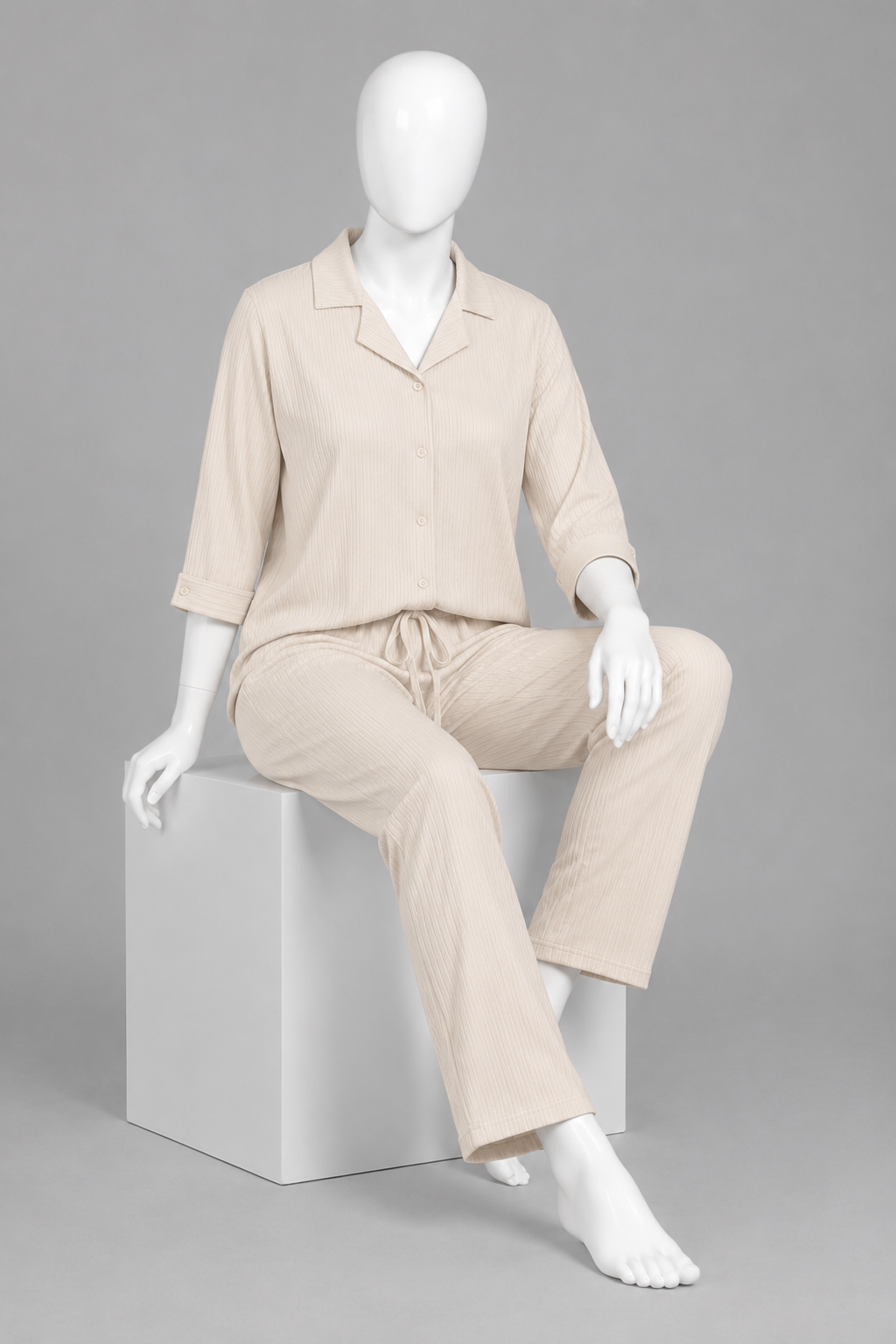 Cream Co-ord Ribbed Fabric Suit For Women Main image