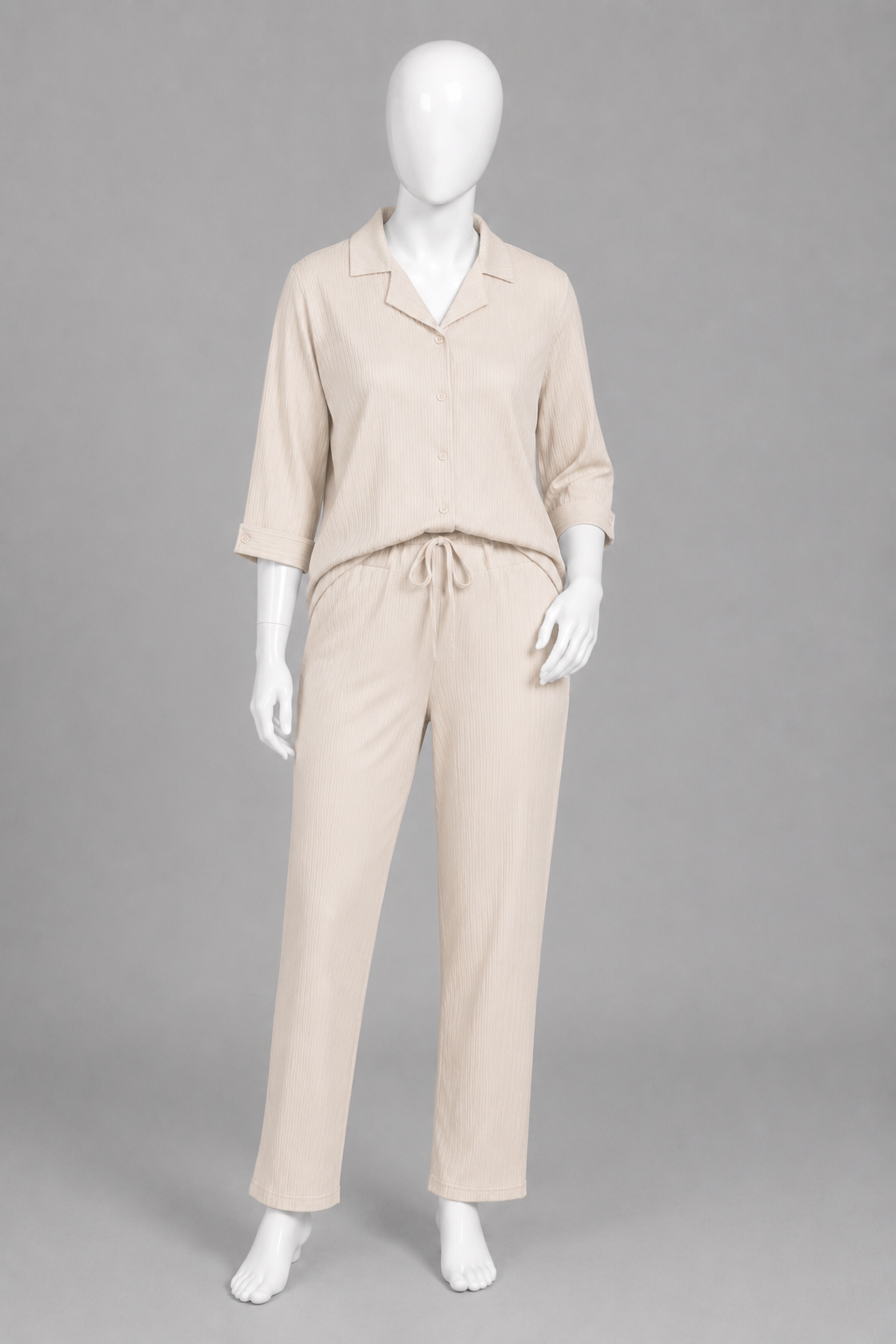 Cream Co-ord Ribbed Fabric Suit For Women