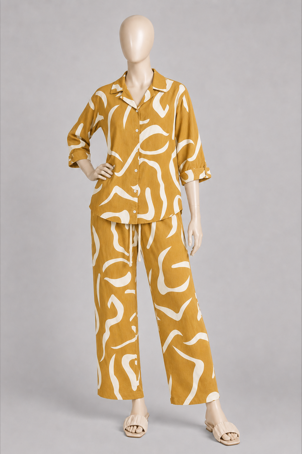 Brown Pattern Co-ord Ribbed Fabric Suit For Women Secondary image