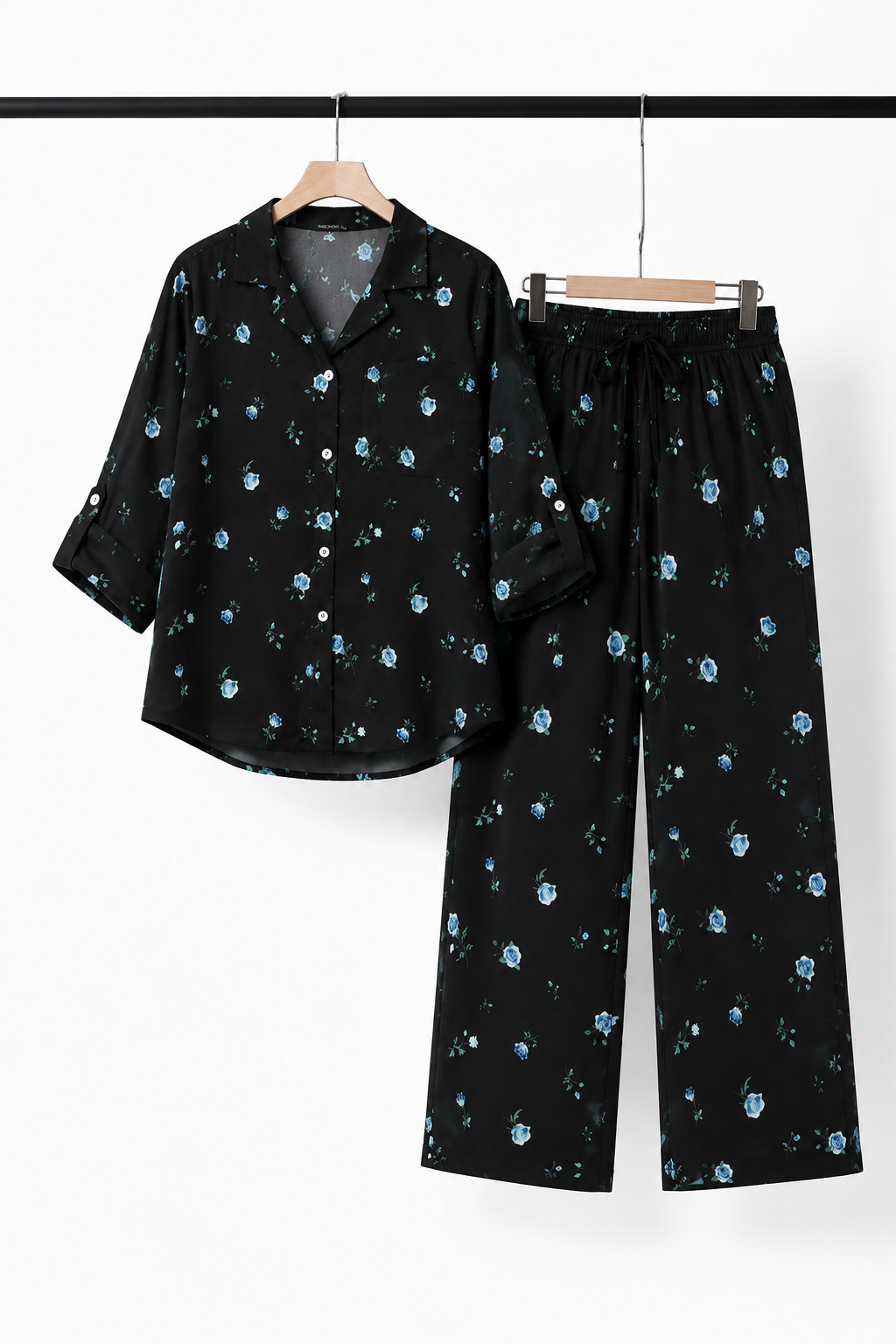 Black Flowers Print Co-ord Ribbed Fabric Suit For Women