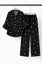 Black Flowers Print Co-ord Ribbed Fabric Suit For Women