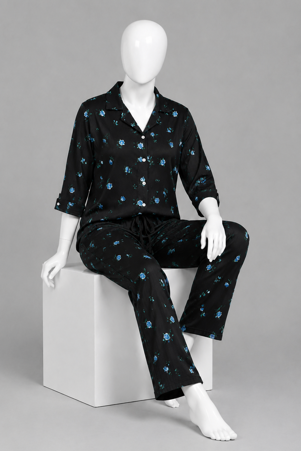 Black Flowers Print Co-ord Ribbed Fabric Suit For Women