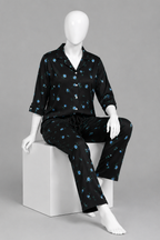Black Flowers Print Co-ord Ribbed Fabric Suit For Women