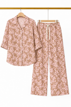 Brown Pink Flowers Co-ord Ribbed Fabric Suit For Women