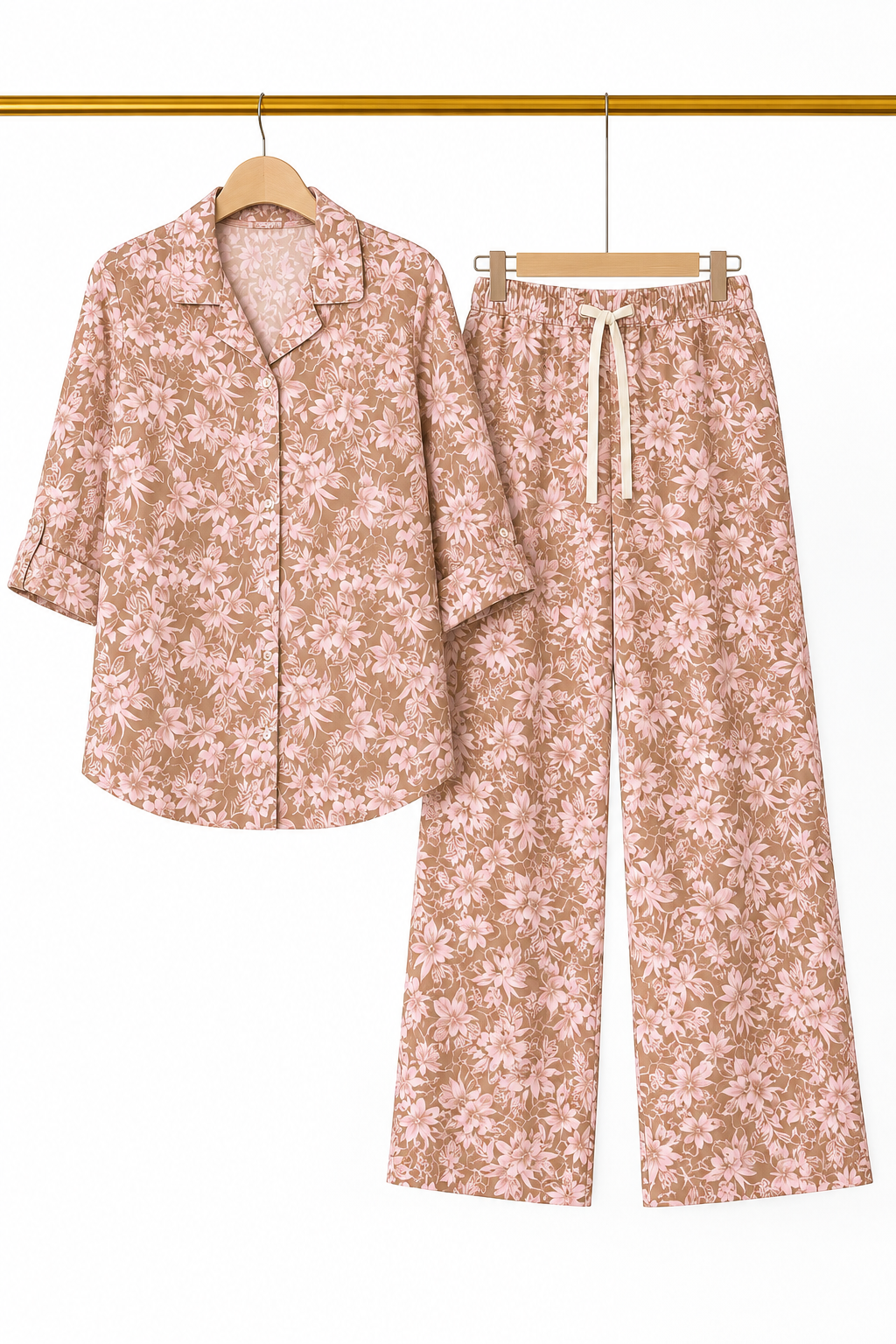 Brown Pink Flowers Co-ord Ribbed Fabric Suit For Women