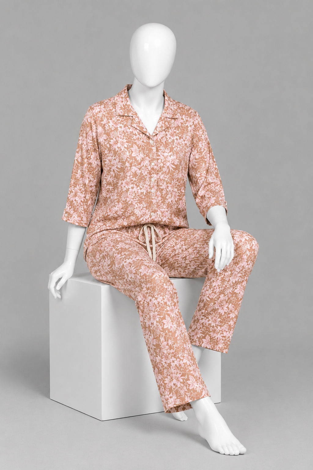Brown Pink Flowers Co-ord Ribbed Fabric Suit For Women