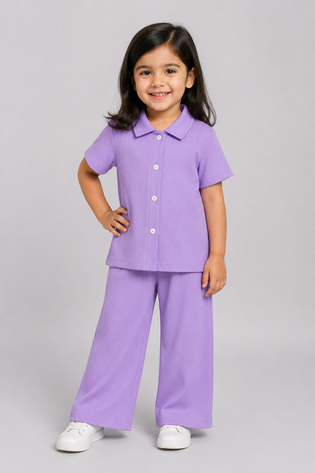 Light Purple Plain Ribbed Linen Fabric Suit For Girls