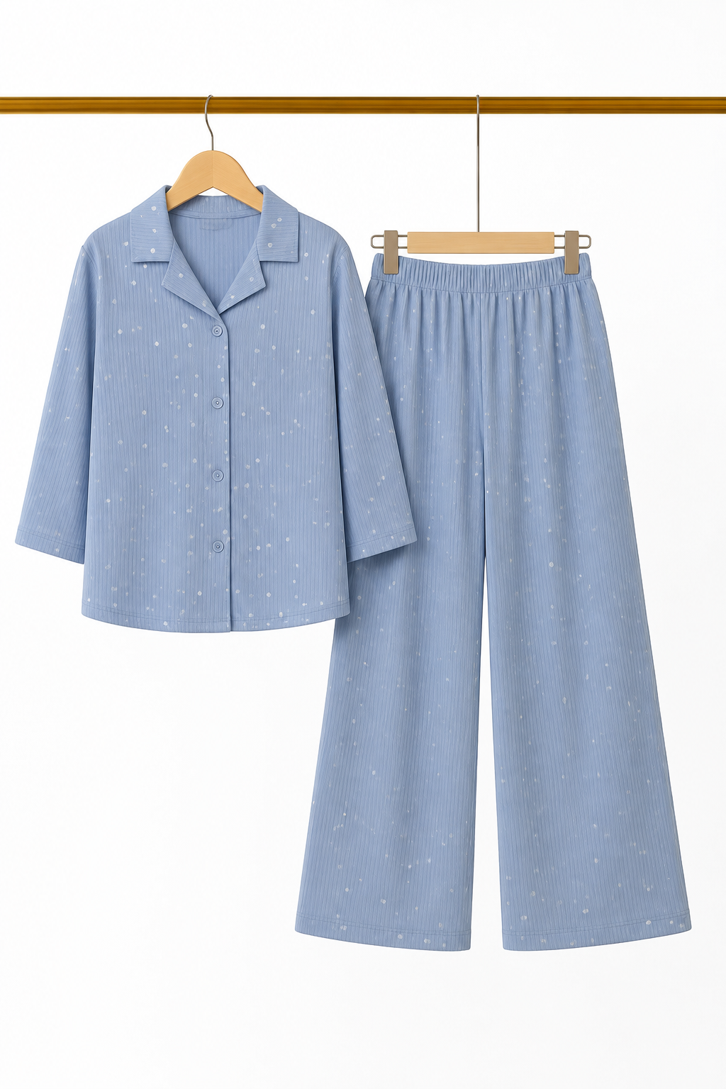 Sky Blue Small Flowers Print Co-ord Ribbed Fabric Suit For Girls