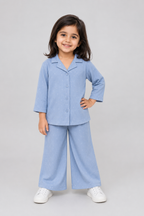Sky Blue Small Flowers Print Co-ord Ribbed Fabric Suit For Girls