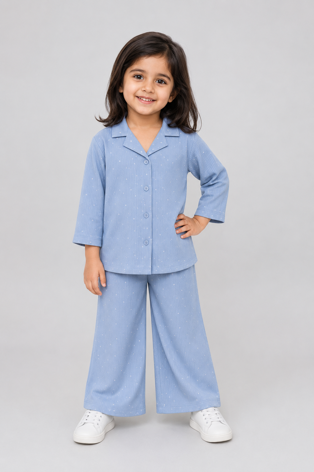 Sky Blue Small Flowers Print Co-ord Ribbed Fabric Suit For Girls
