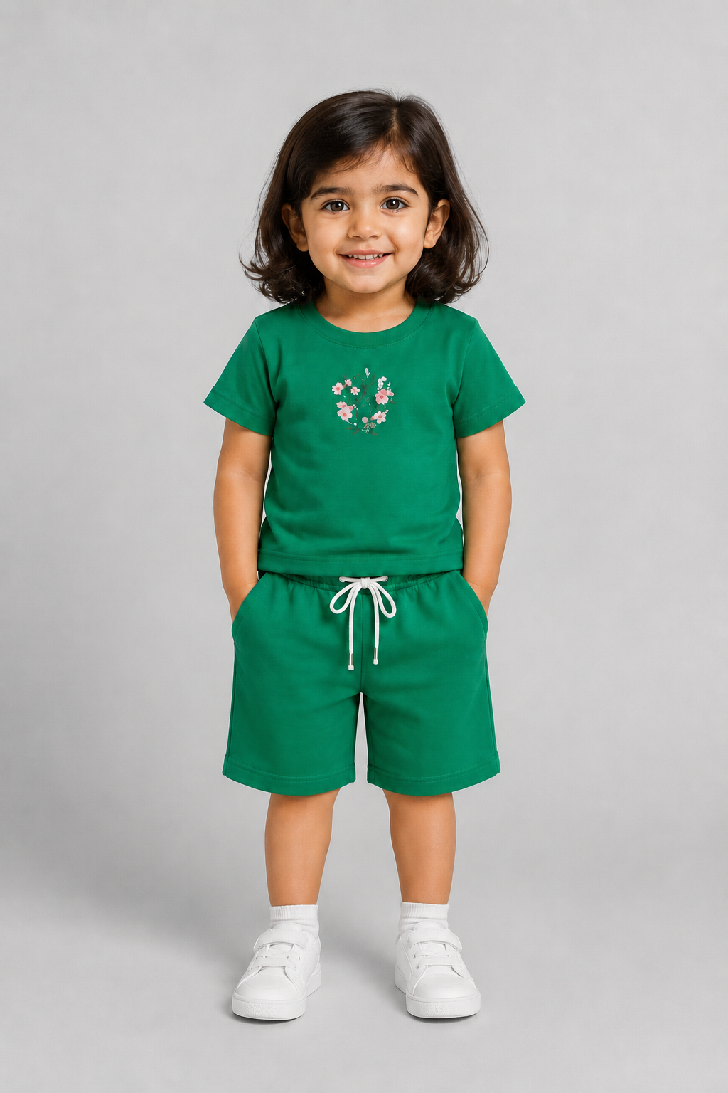 Green Butterfly Print Cotton Jersy Fabric Suit For Girls