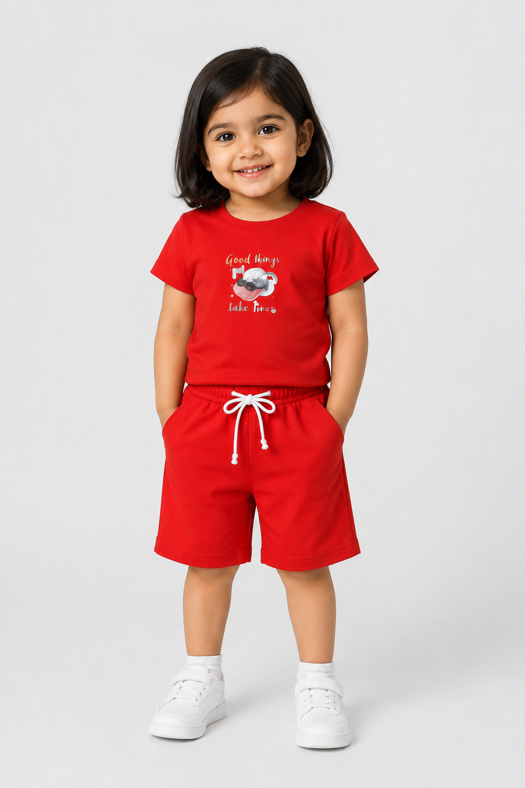 Dark Orange Cap Print Cotton Jersy Fabric Suit For Girls