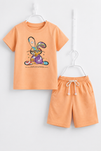 Peach Rabbit Print Cotton Jersy Fabric Suit For Girls