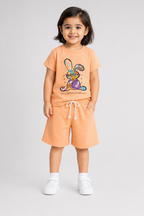 Peach Rabbit Print Cotton Jersy Fabric Suit For Girls