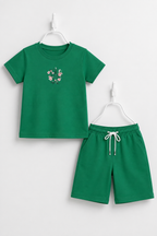 Green Butterfly Print Cotton Jersy Fabric Suit For Girls