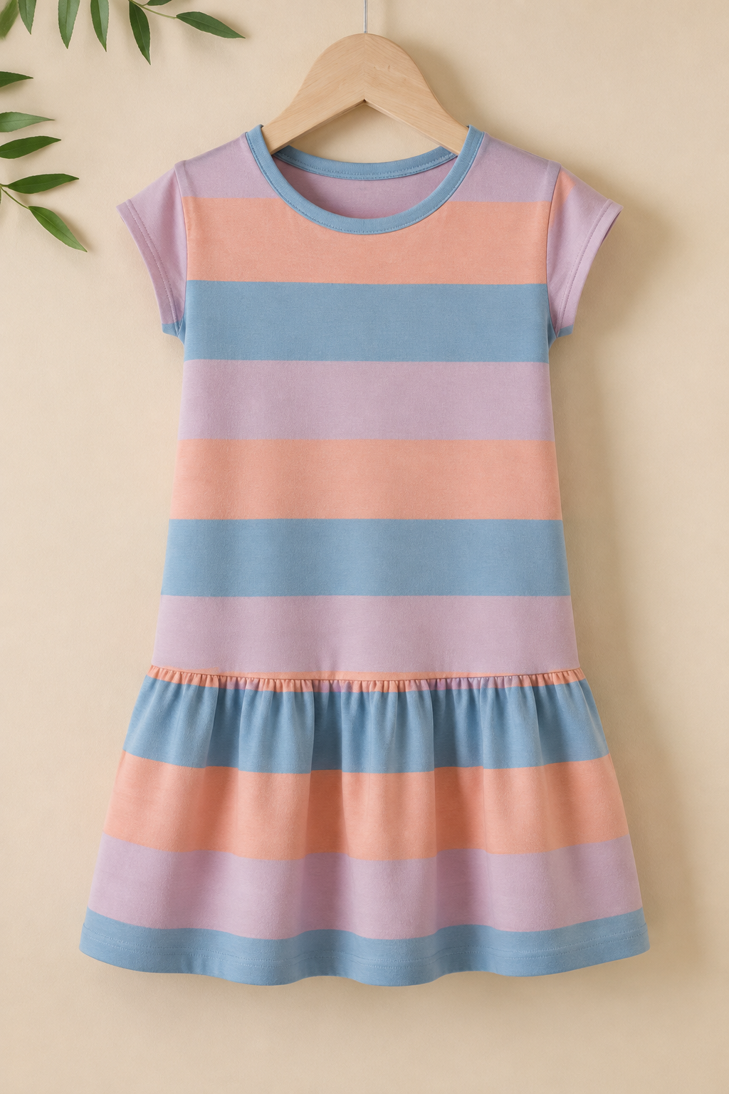 Purple Peach Blue Stripes Frock With Hair Band For Girls
