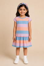 Purple Peach Blue Stripes Frock With Hair Band For Girls