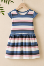 White Blue Pink Stripes Frock With Hair Band For Girls