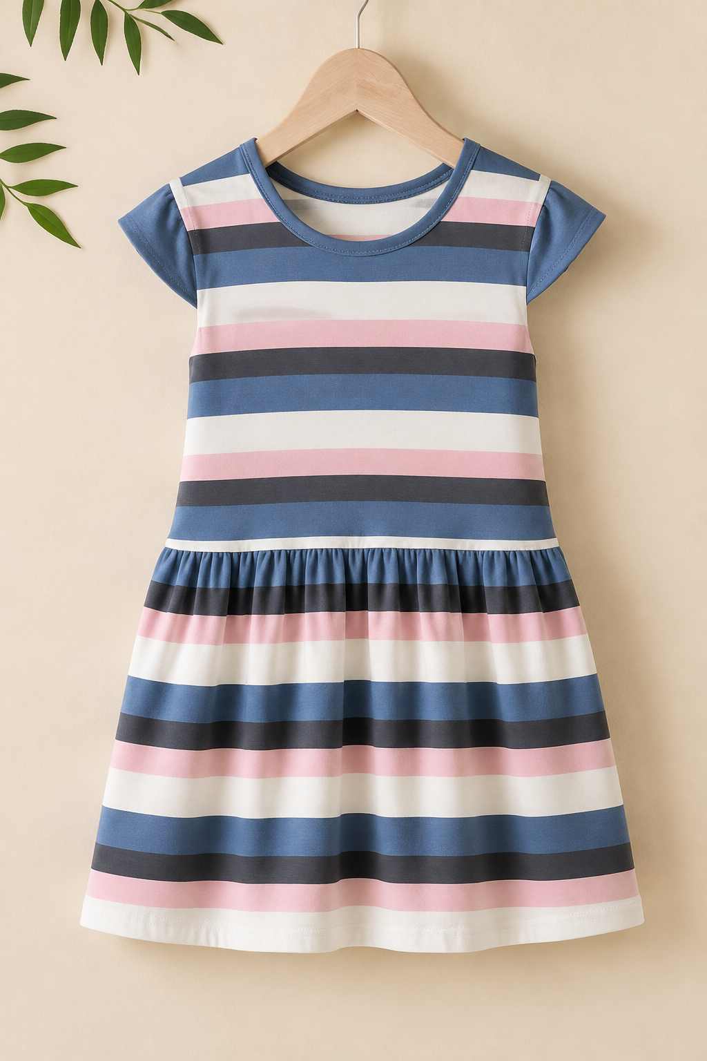 White Blue Pink Stripes Frock With Hair Band For Girls