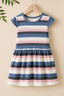 White Blue Pink Stripes Frock With Hair Band For Girls