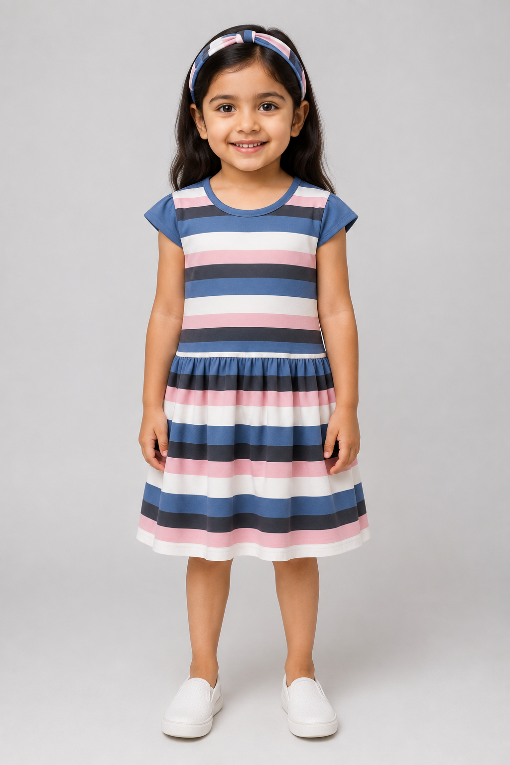 White Blue Pink Stripes Frock With Hair Band For Girls
