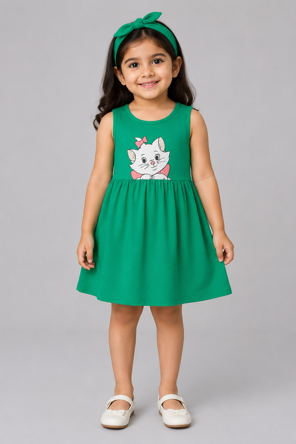GREEN WITH HAIR BAND KITTEN PRINT FROCK FOR GIRLS
