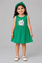 GREEN WITH HAIR BAND KITTEN PRINT FROCK FOR GIRLS