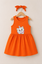 ORANGE WITH HAIR BAND KITTEN PRINT FROCK FOR GIRLS