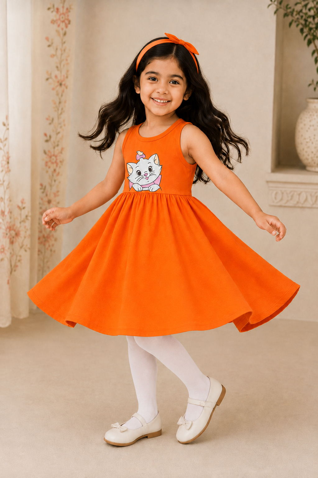 ORANGE WITH HAIR BAND KITTEN PRINT FROCK FOR GIRLS