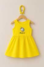 YELLOW WITH HAIR BAND MAGICAL PRINT FROCK FOR GIRLS