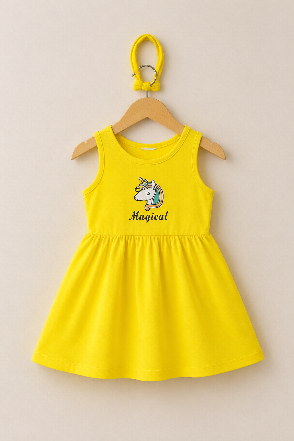YELLOW WITH HAIR BAND MAGICAL PRINT FROCK FOR GIRLS