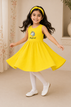 YELLOW WITH HAIR BAND MAGICAL PRINT FROCK FOR GIRLS